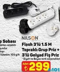 NİLSON 3'LÜ 1.5 M TOPRAKLI GRUP PRİZ + 3'LÜ GOLYAT FİŞ PRİZ fiyat ve kampanya bilgisi